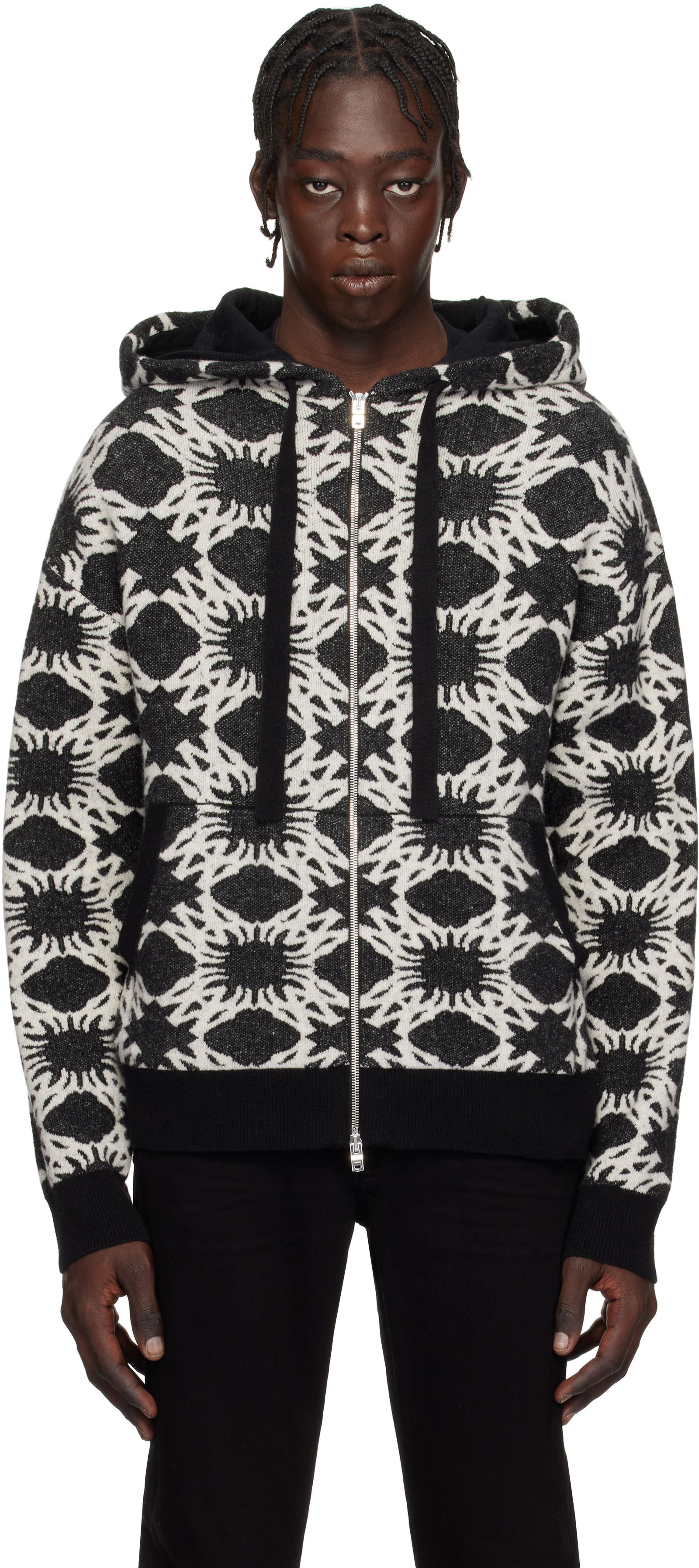 Geometric-Print Knit Zip-Up Hoodie