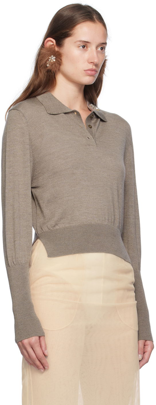 Polo tričko Simone Rocha Simone Rocha Merino Silk Knit Long Sleeve Polo Hnedá | KMK4B 0647, 1