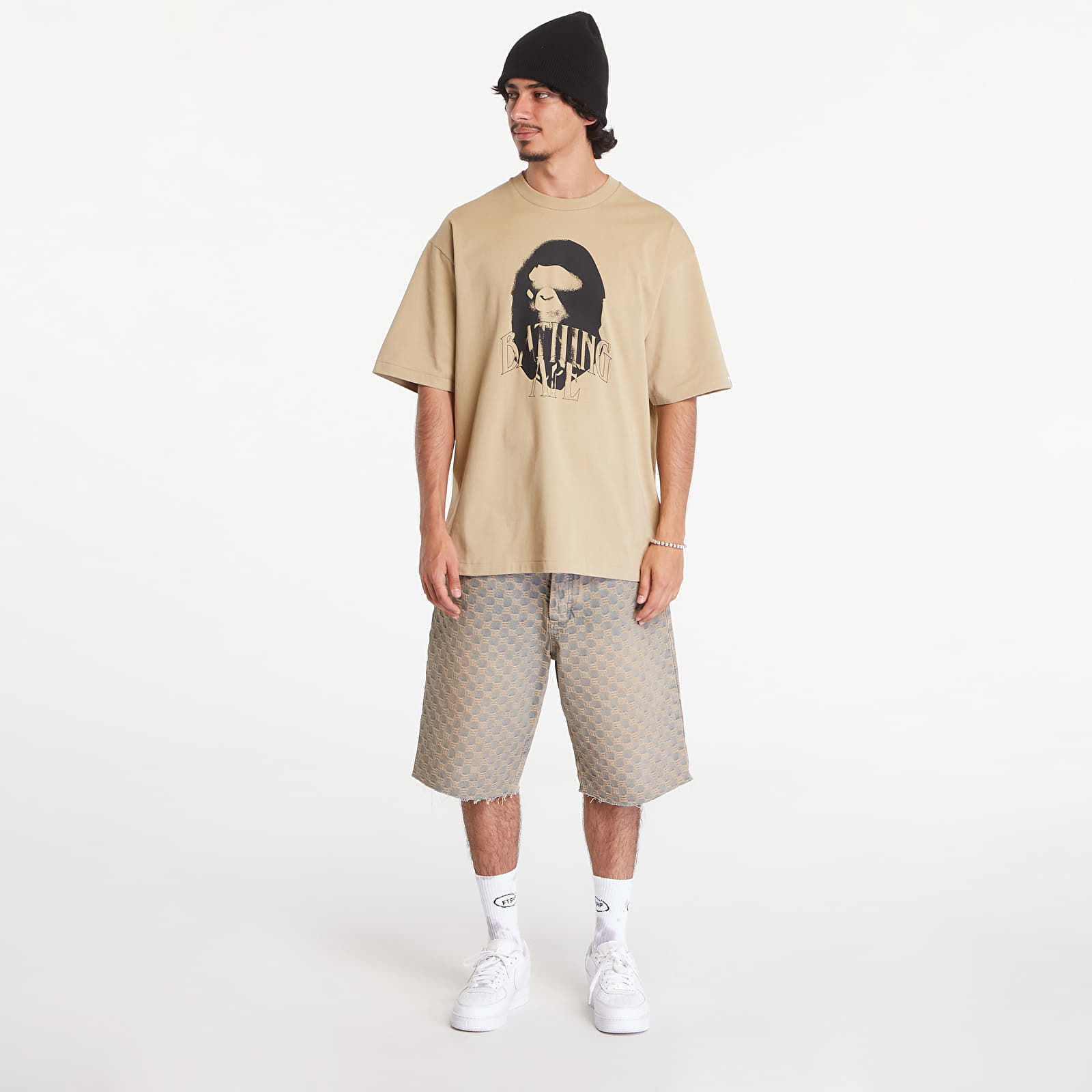 A BATHING APE Spray Print Logo Relaxed Fit Short Sleeve Tee Beige