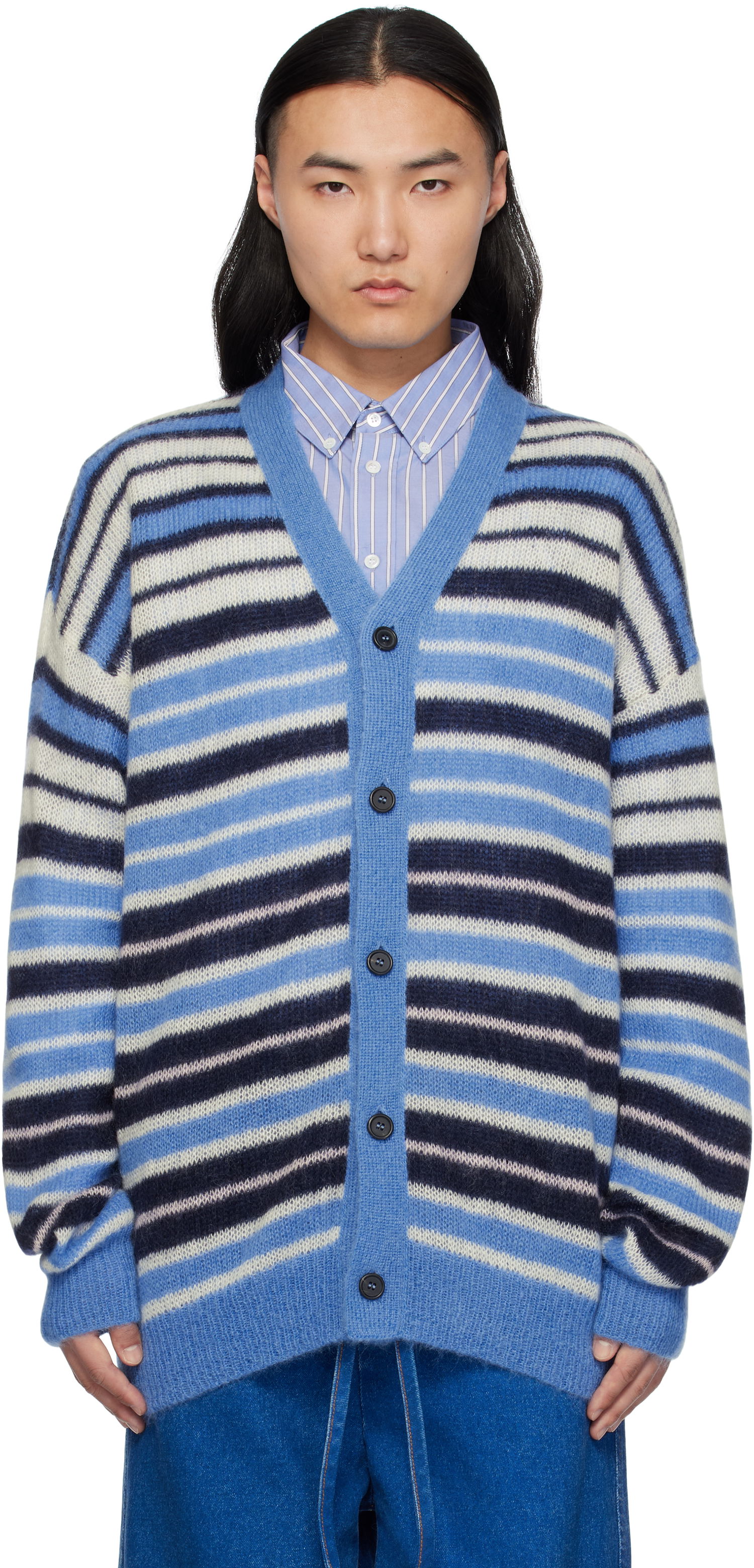 Sveter Marni Marni Lightweight Fuzzy Wuzzy Stripe Cardigan Modrá | CDMG0153Q0 UFU178, 0