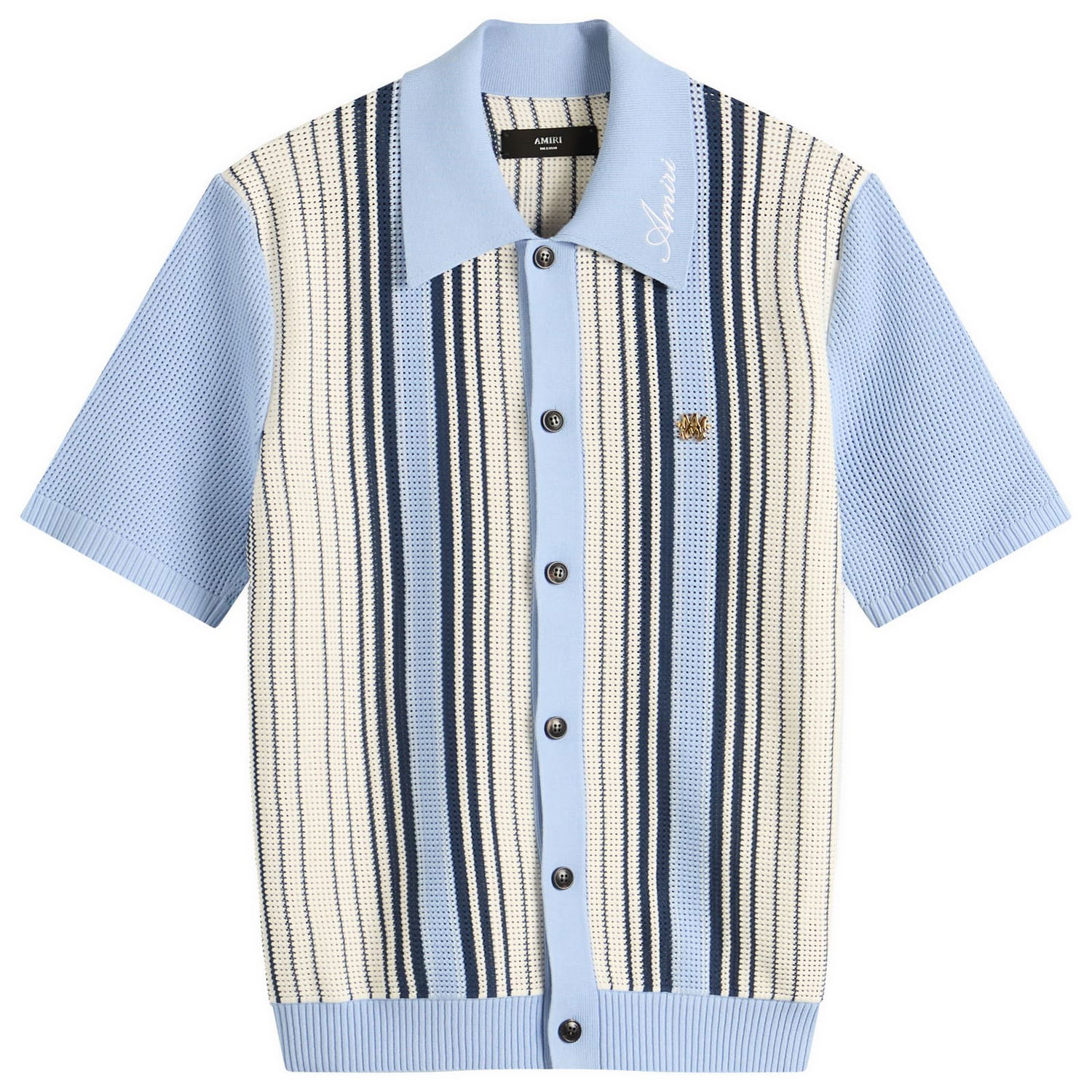 Polo tričko AMIRI Striped Knitted Polo Shirt, Size Large Modrá | AMKNIR1026-AshleyBlue, 1