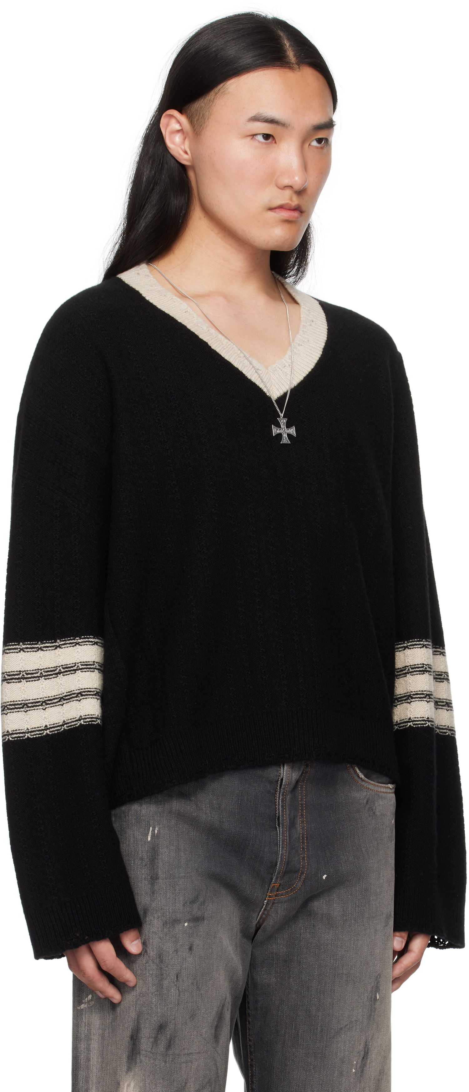 Sveter Enfants Riches Déprimés Asymmetrical Varsity V-Neck Sweater Čierna | 080-249, 1