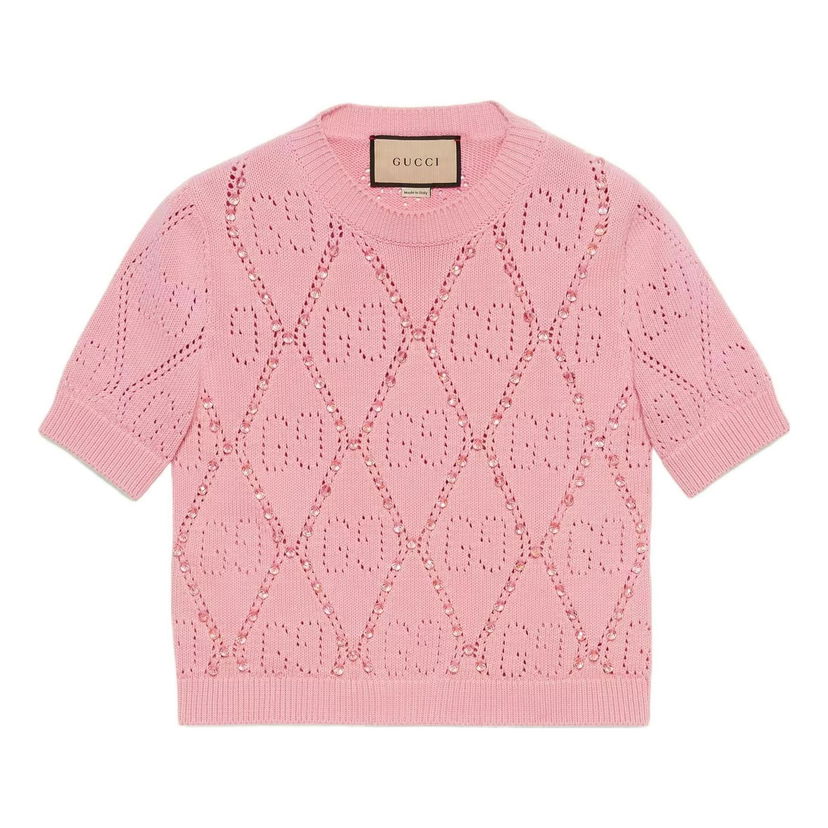 Crop Top Gucci GG Cotton Beaded T-Shirt Ružová | 691710-XKCAT-5307
