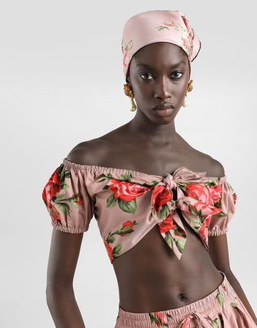 Crop Top Dolce & Gabbana Rose Bouquet-print Cotton Off-the-Shoulder Cropped Top with Front Ties Rôznofarebný | F7AV0THS5UTHF5ZN, 3