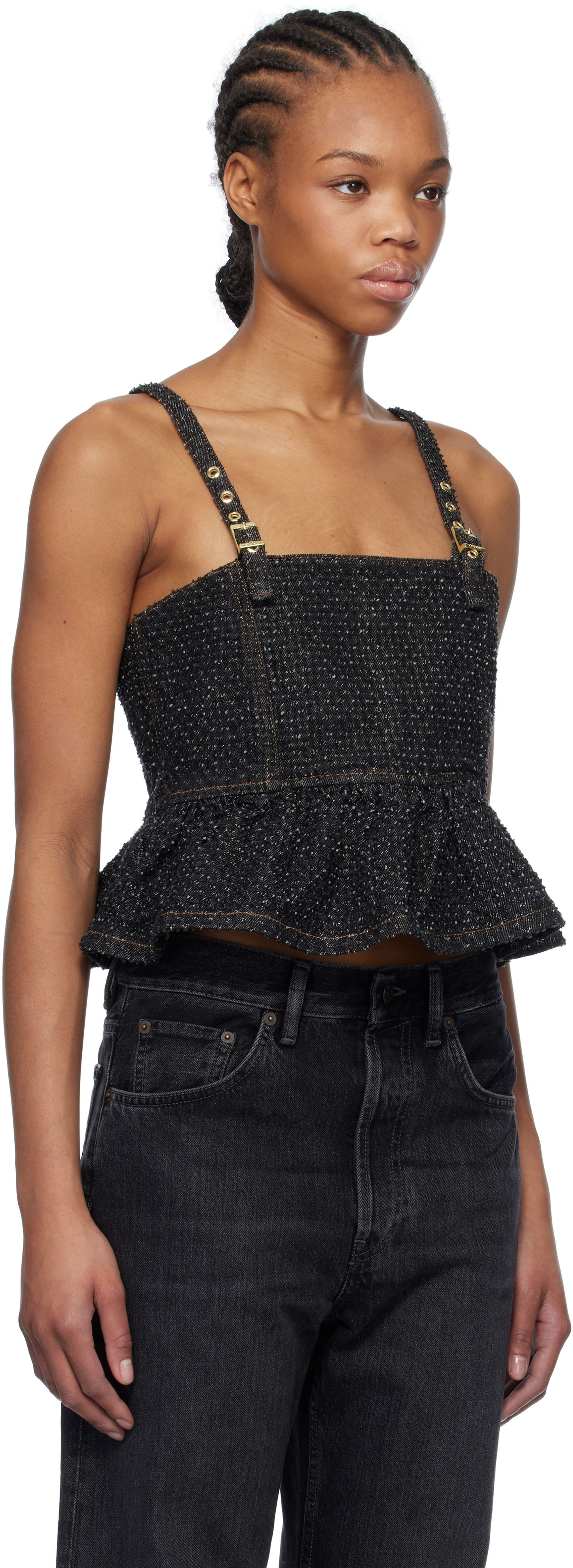 Crop Top GANNI Ganni Fluffy Denim Strap Top Čierna | J1615, 1
