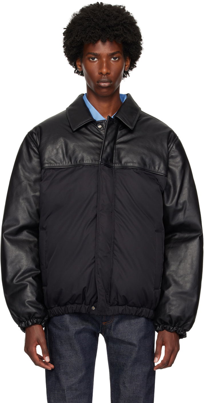 Black Paneled Leather Down Bomber Jacket