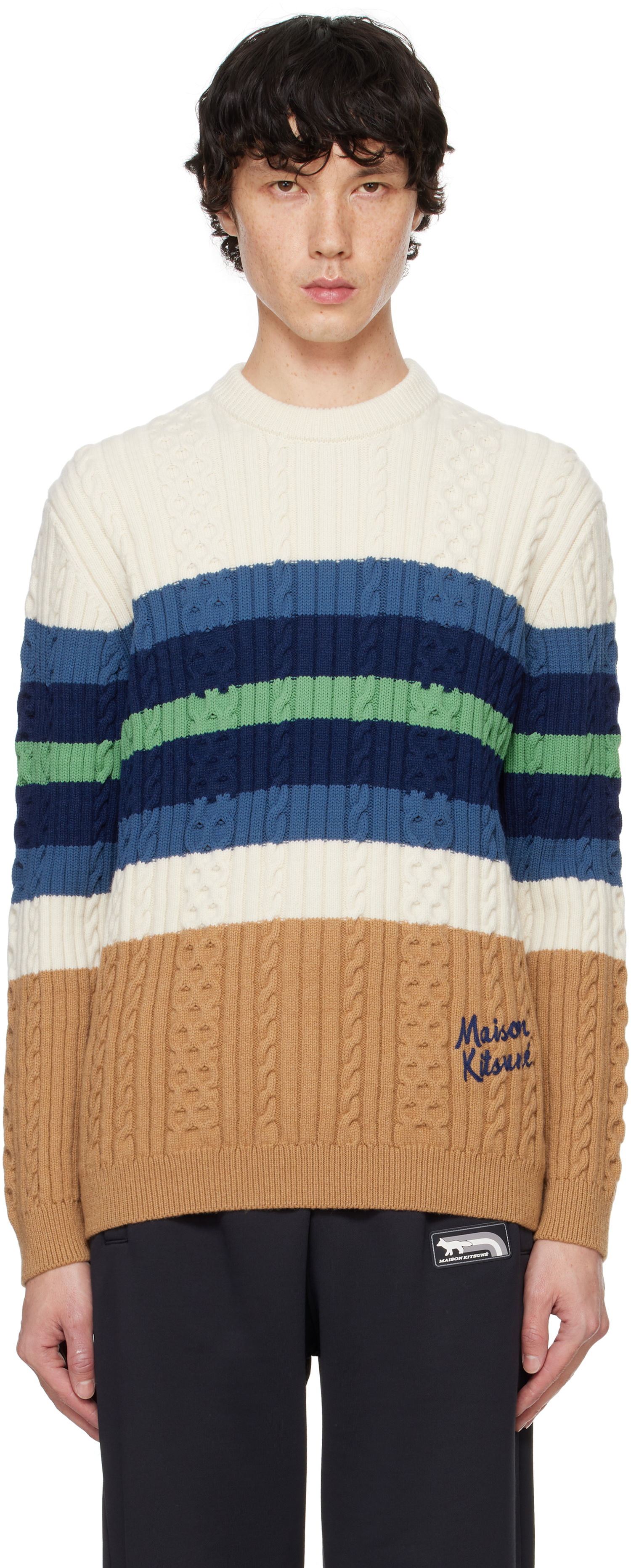 Sveter MAISON KITSUNÉ Striped Cable Crewneck Sweater Rôznofarebný | NM00804KH0001, 0