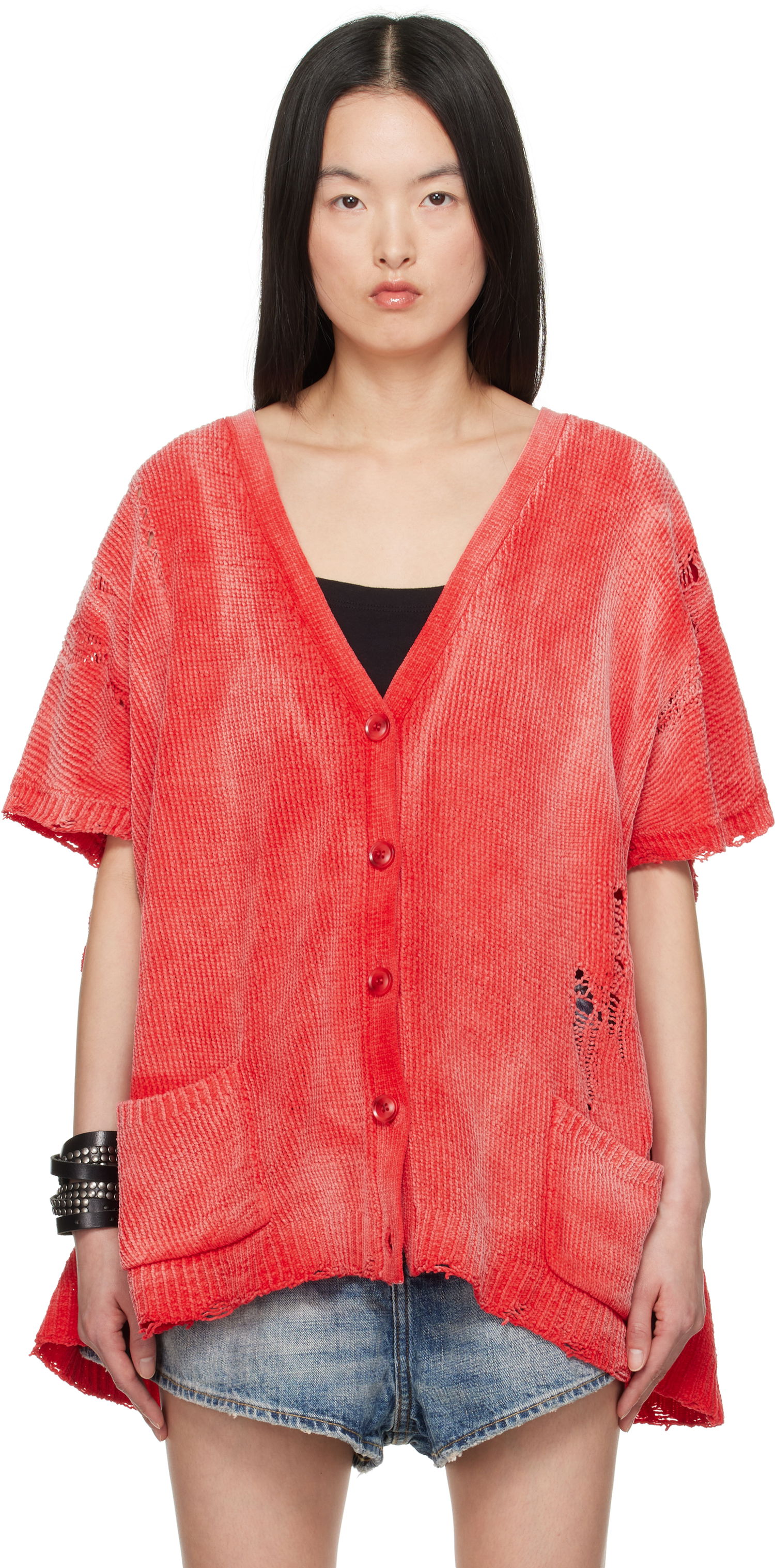 Sveter R13 R13 Distressed Boxy Cardigan Červená | R13WY285-Y202B, 0