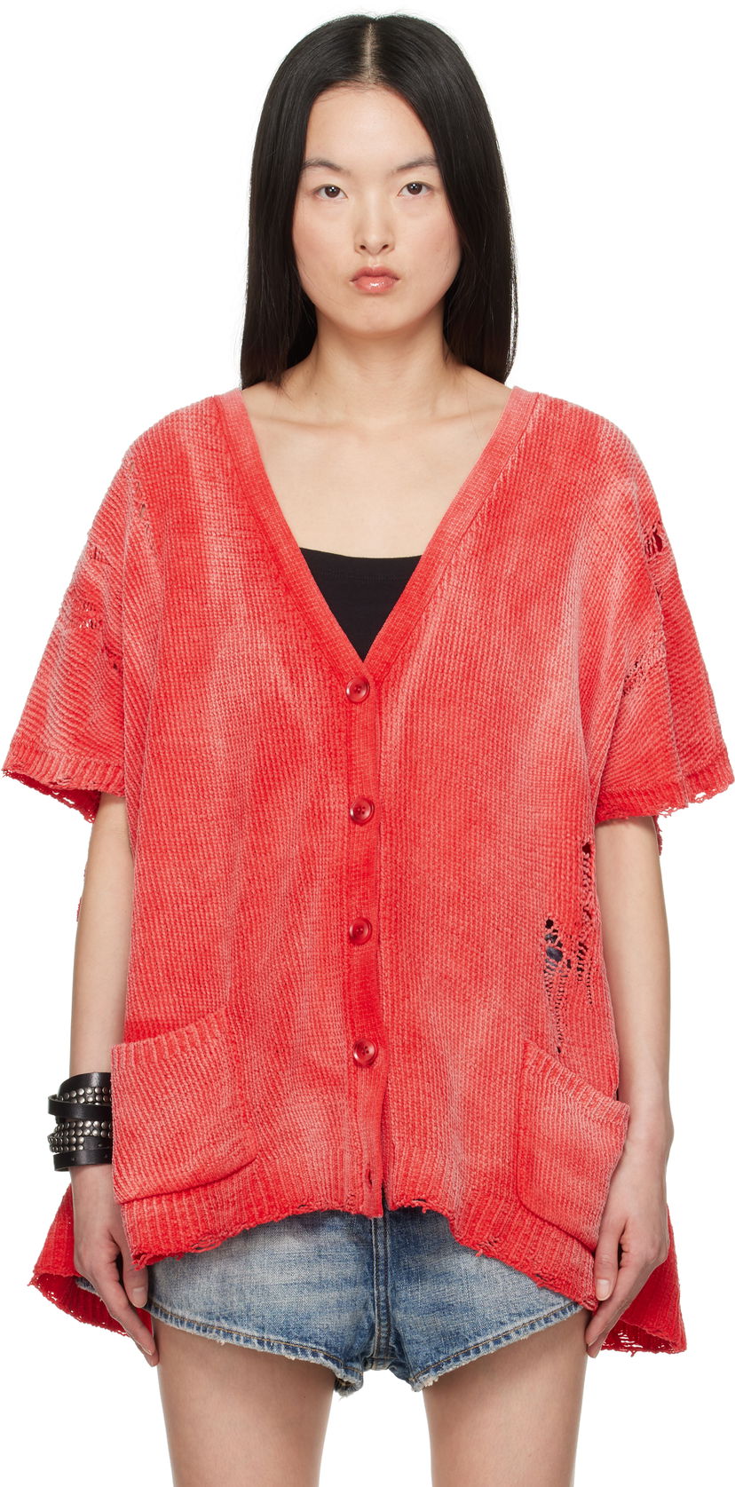 Sveter R13 R13 Distressed Boxy Cardigan Červená | R13WY285-Y202B