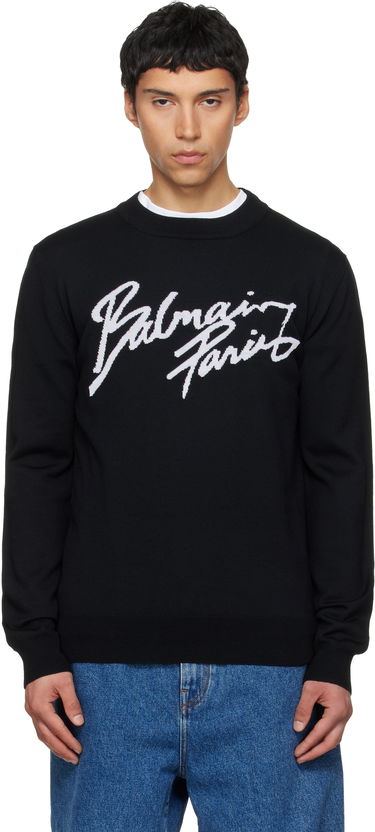 Sveter Balmain Merino Wool Crewneck Sweater with Cursive Paris Logo Čierna | GH1KD000KJ61, 0