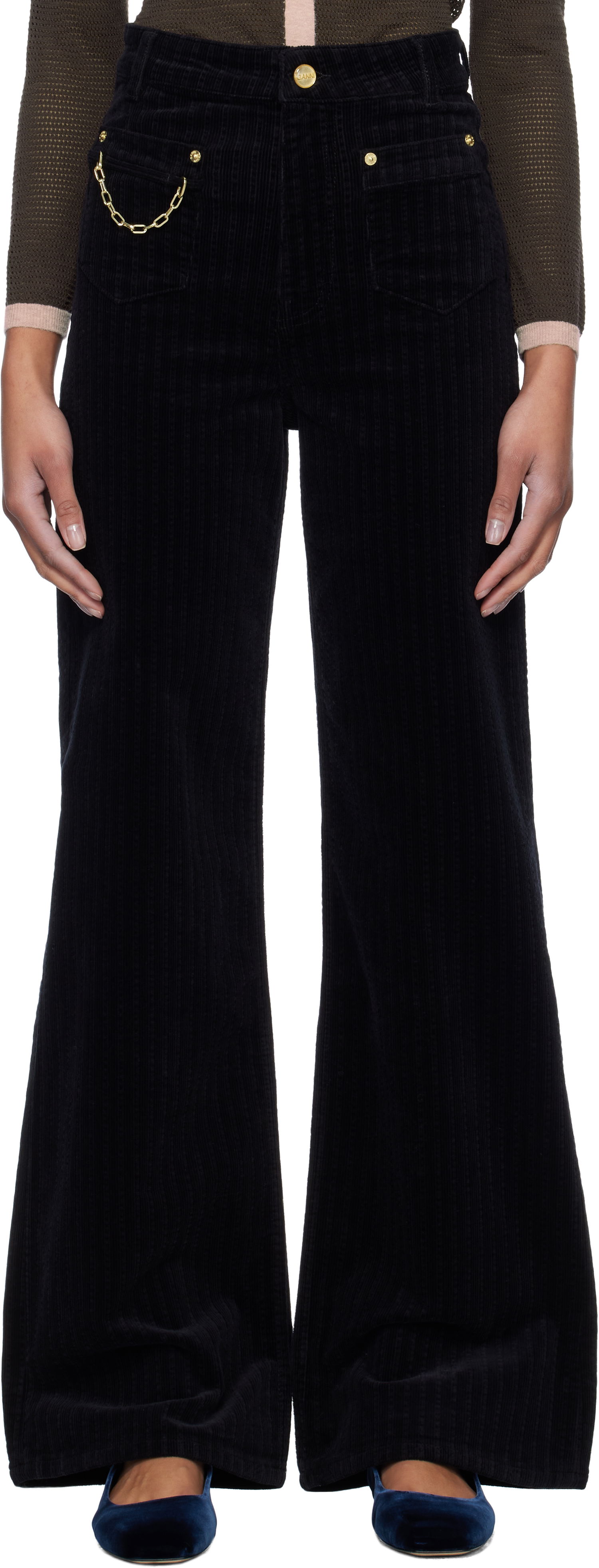Nohavice GANNI GANNI Magny Corduroy Flare Pants Čierna | W0160, 0