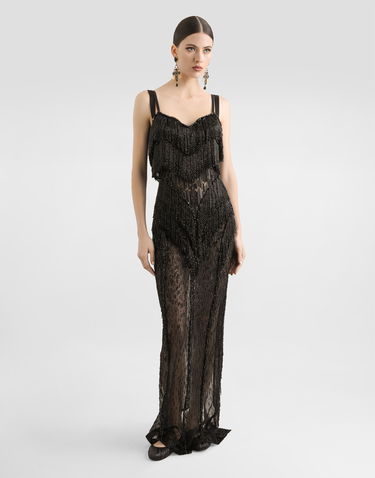 Šaty Dolce & Gabbana Dolce & Gabbana Long Marquisette Dress with Sequined Fringe Čierna | F6TPAZGDC1EN0000, 1