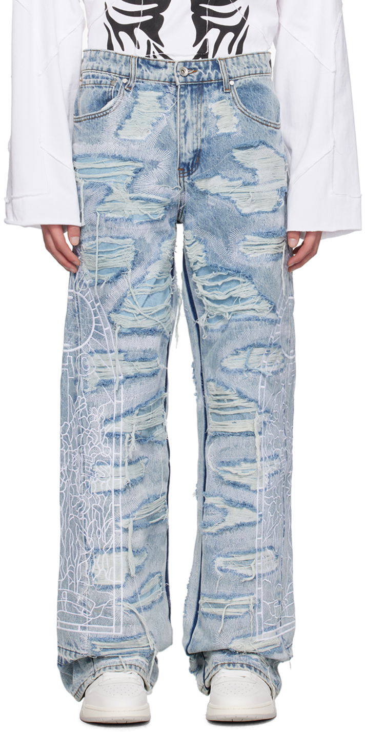 Džínsy Who Decides War Distressed Embroidered Straight-Leg Jeans Modrá | 1120650008SS24