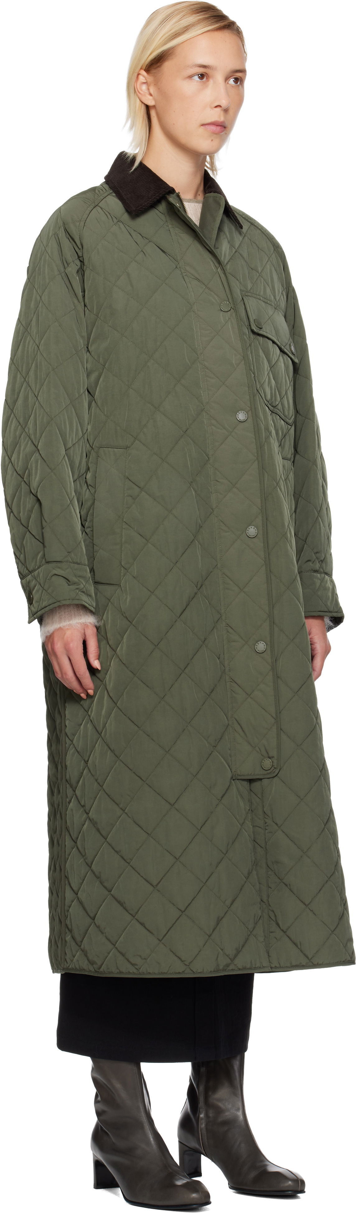Kabáty Max Mara Coccole Quilted Long Coat with Corduroy Collar Zelené | 2525496092600, 1