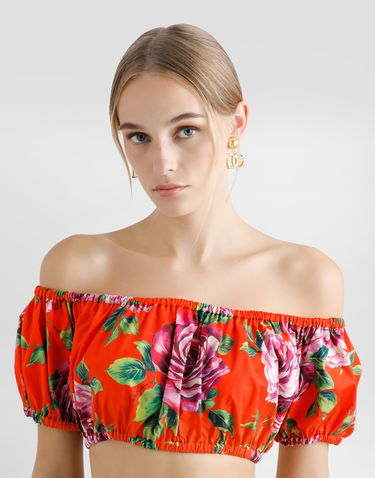 Crop Top Dolce & Gabbana Dolce & Gabbana Rose-Print Bardot Top Oranžová | F755RTHS5TIHO5JA, 3