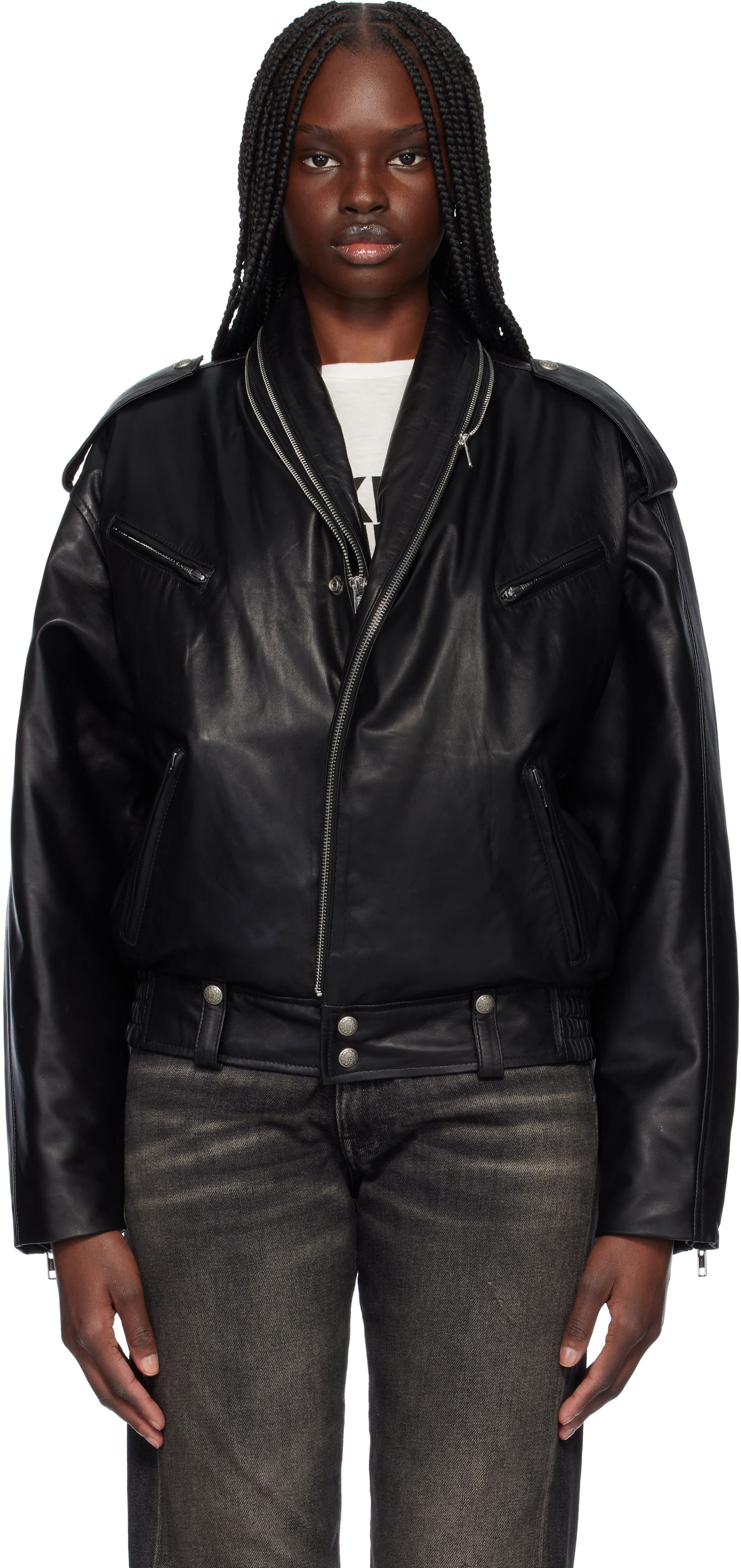 Bomber bunda R13 R13 Zip Collar Motorcycle Leather Jacket Čierna | R13WR344-R450B, 0