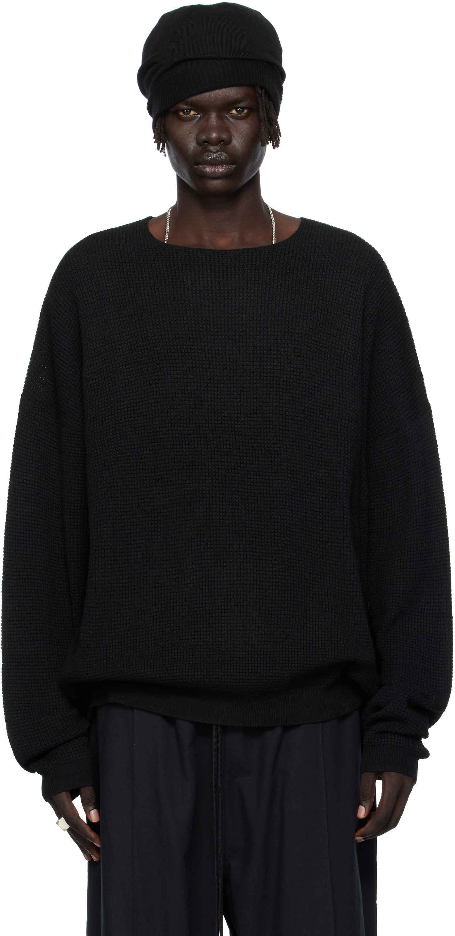 Sveter Fear of God Fear of God ESSENTIALS Waffle Knit Long Sleeve Crewneck Sweatshirt Čierna | 192SP256160F, 0