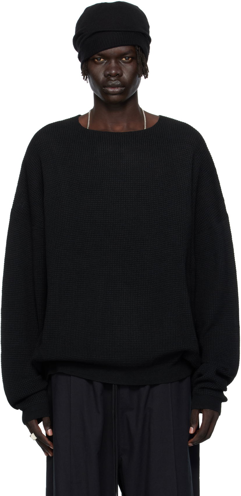 Sveter Fear of God Fear of God ESSENTIALS Waffle Knit Long Sleeve Crewneck Sweatshirt Čierna | 192SP256160F