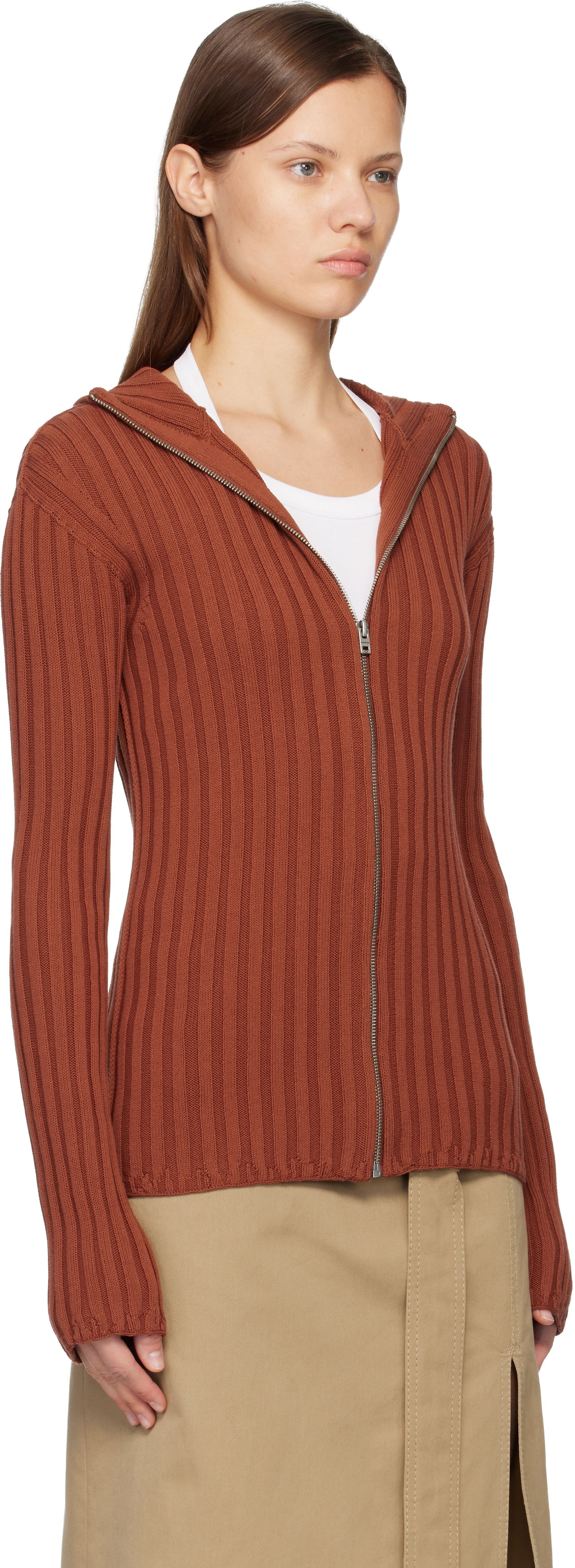 Mikina Acne Studios Acne Studios Ribbed Knit Zip-Up Hoodie Hnedá | C60112-, 1