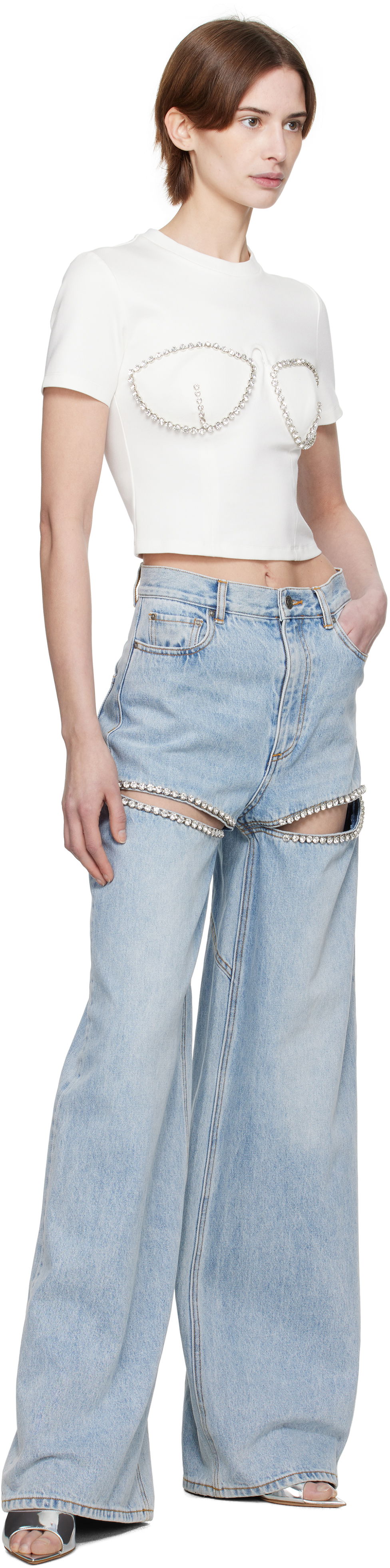 AREA Wide Leg Crystal Slit Jeans