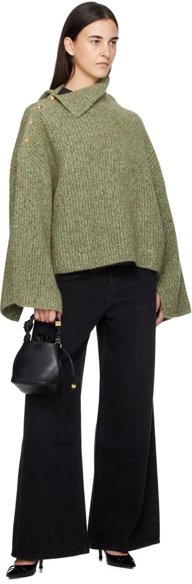 Sveter GANNI Mohair Rib Knit Sweater with Asymmetric Collar and Shoulder Buttons Zelené | K2556, 3