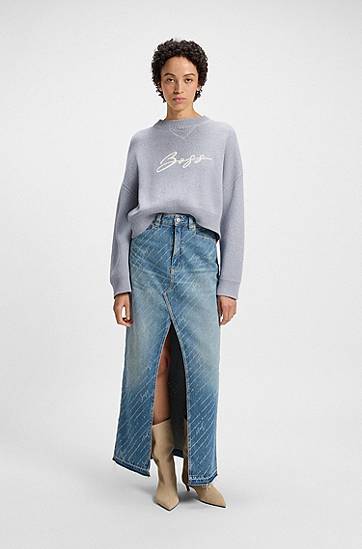 Sveter BOSS Cropped Cotton Sweater with Embroidered Logo Šedá | 50543979, 1