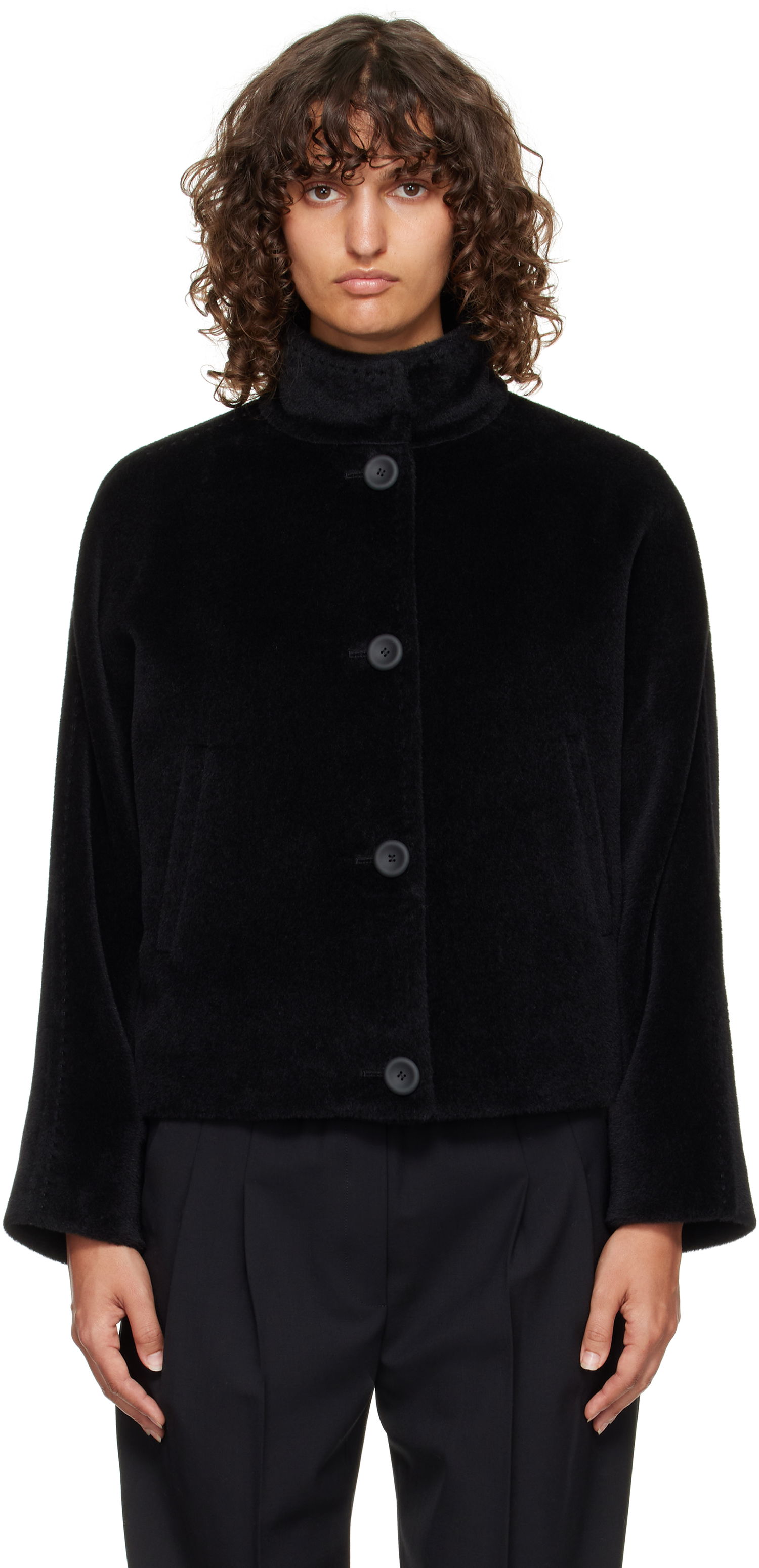 Bunda Max Mara Caladio Cropped Textured High Neck Button-Up Jacket Čierna | 2526086091600, 0