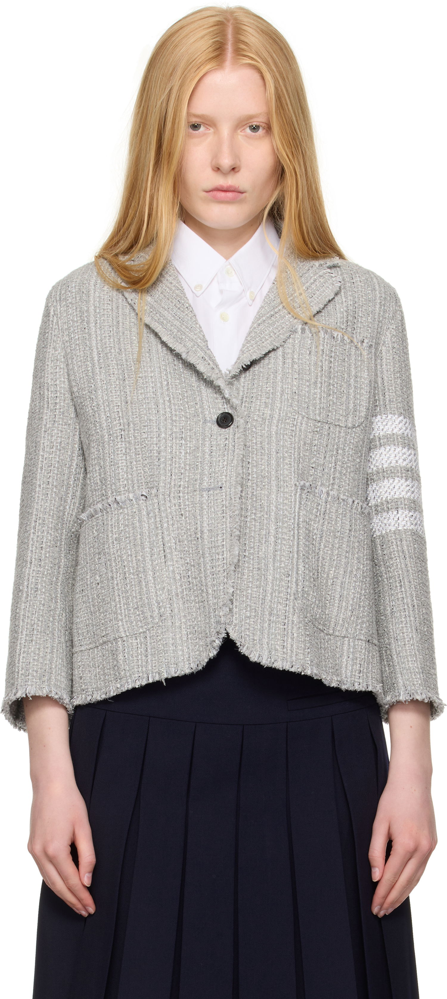 Bunda Thom Browne Thom Browne Tweed Fray 4-Bar Cropped Sack Blazer Šedá | FBC788T-F0512, 0