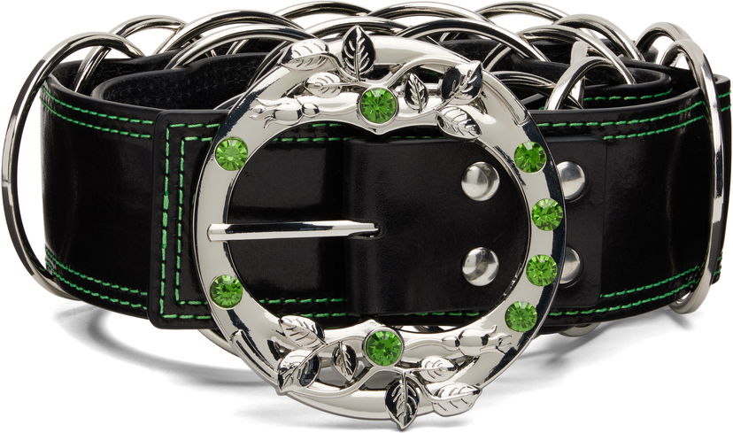 Opasok Chopova Lowena Leather Ring Belt with Green Crystal Leaf Buckle and Contrast Stitching Čierna | 6717