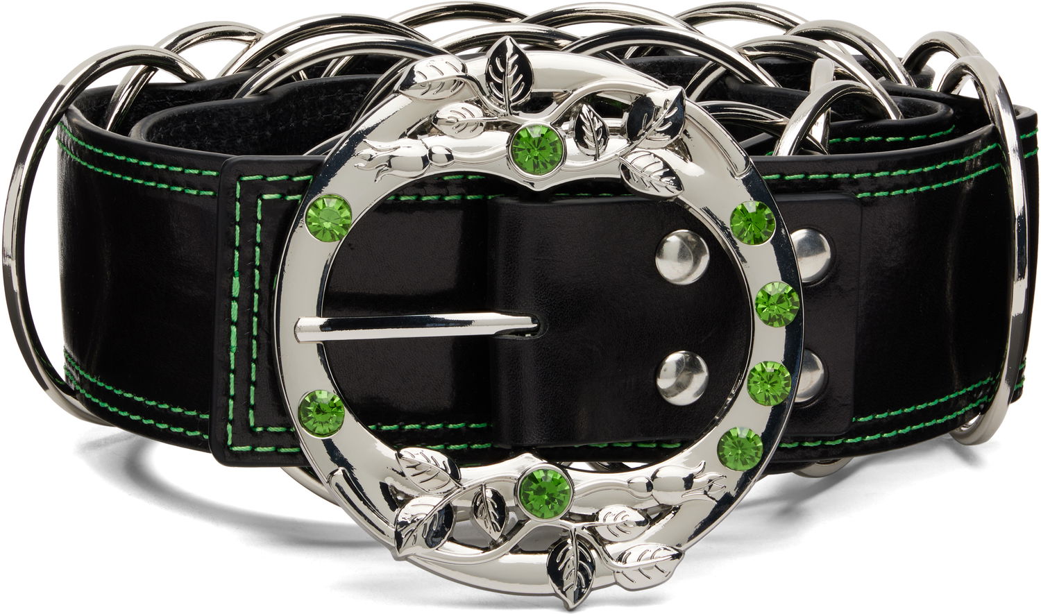 Opasok Chopova Lowena Leather Ring Belt with Green Crystal Leaf Buckle and Contrast Stitching Čierna | 6717, 0