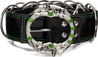 Leather Ring Belt with Green Crystal Leaf Buckle and Contrast Stitching