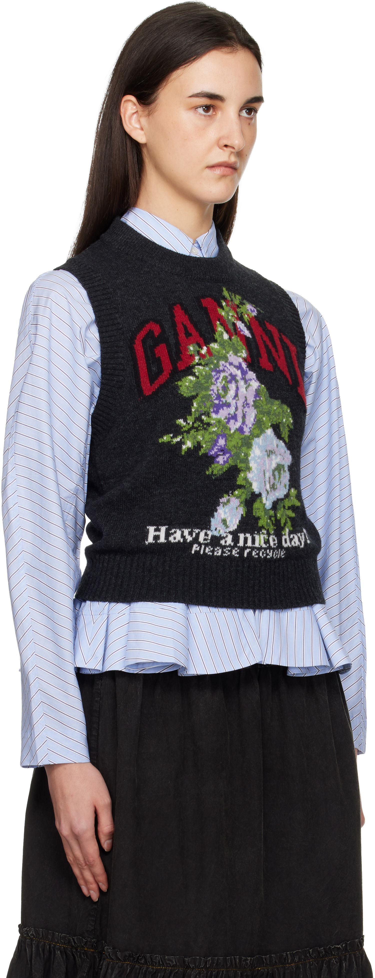 Vesta GANNI Rose Floral Knit 'Have a nice day!' Wool Vest Šedá | K2596, 1