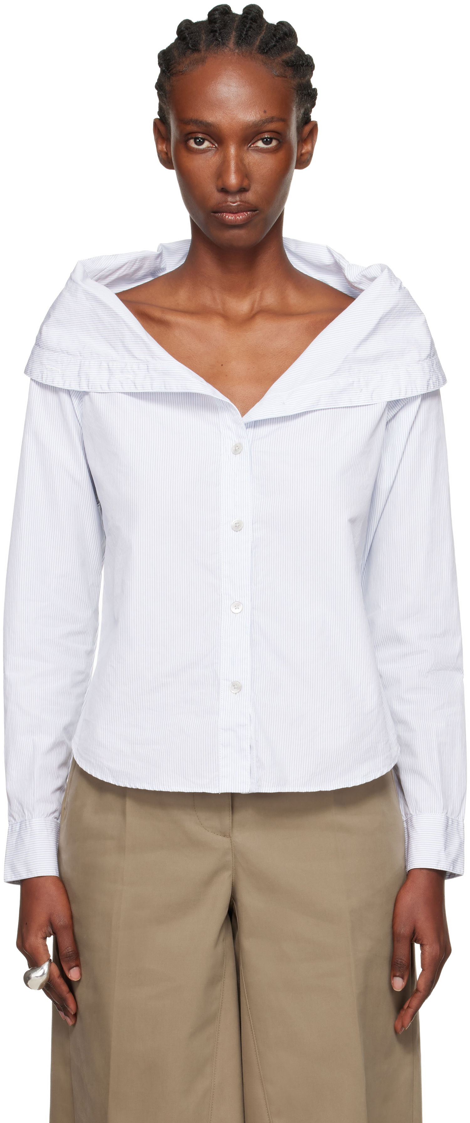 Košeľa OUR LEGACY Kaonashi Pinstriped Long-Sleeve Off-Shoulder Button-Up Shirt Biela | W4252KD, 0