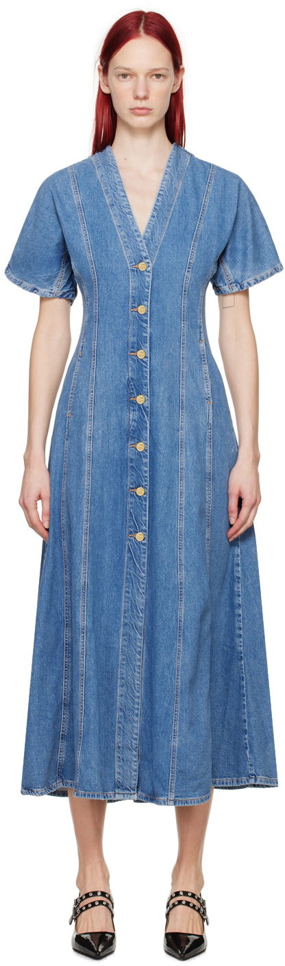 Šaty GANNI Denim Midi Dress With Buttons Modrá | J1462, 0
