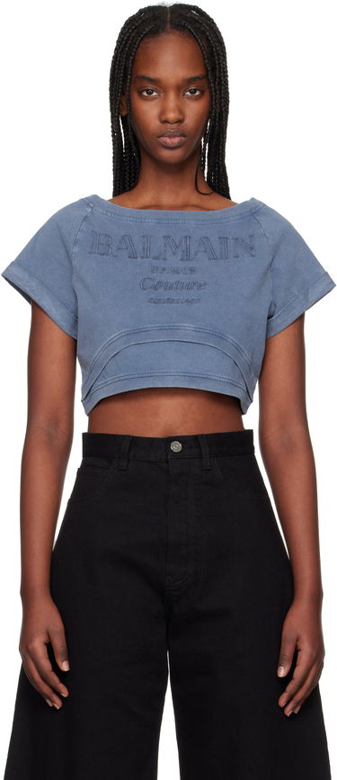 Crop Top Balmain Balmain Cropped Couture Embroidered T-Shirt Modrá | EF1EE121BC96, 0