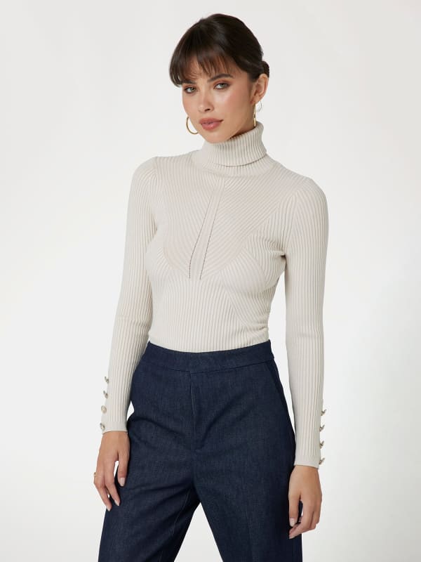 Button Cuff Turtleneck Sweater