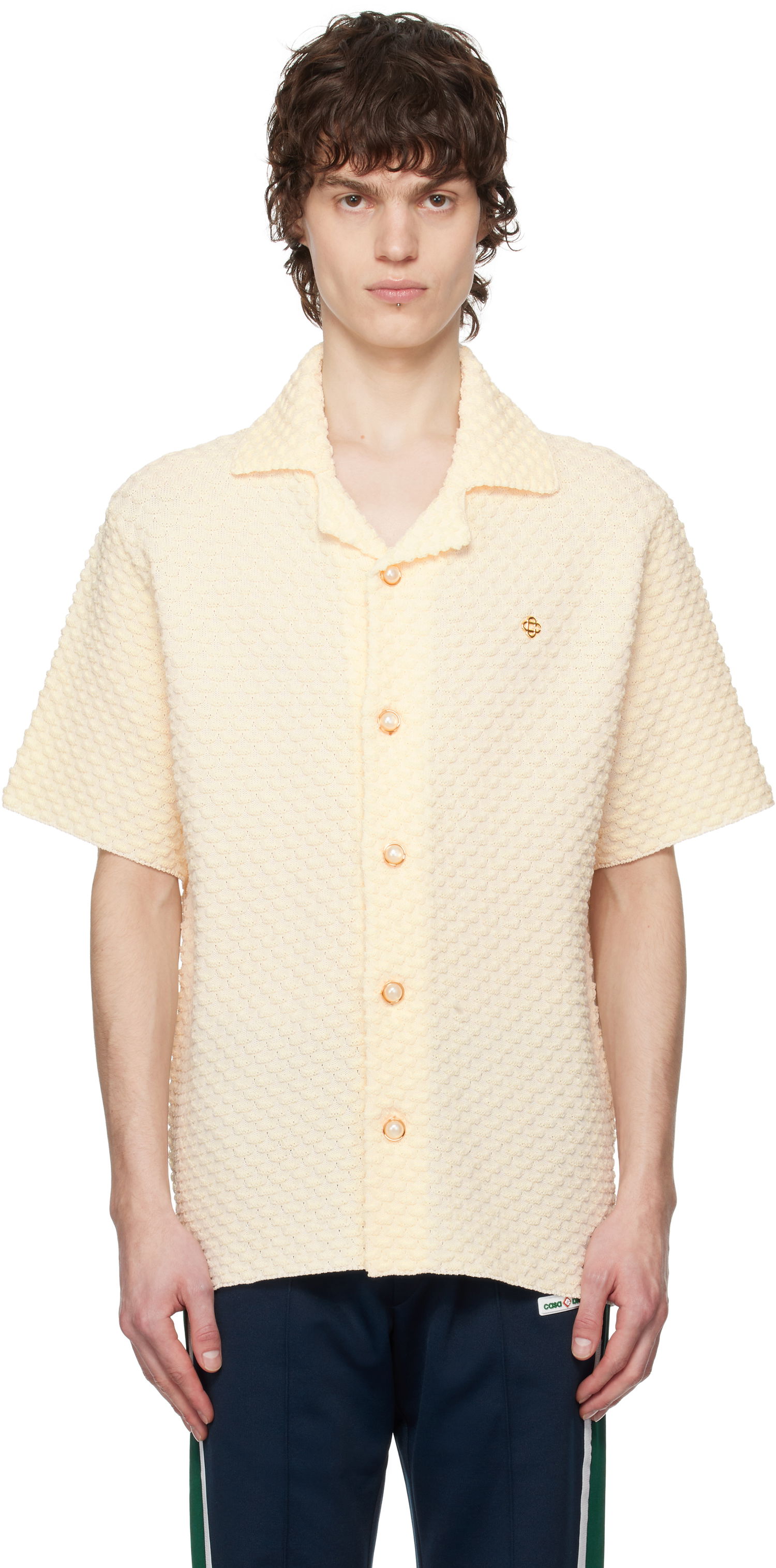 Košeľa Casablanca Casablanca Textured Knitted Short Sleeve Button-Up Shirt Béžová | MPS25-KW-881-01, 0