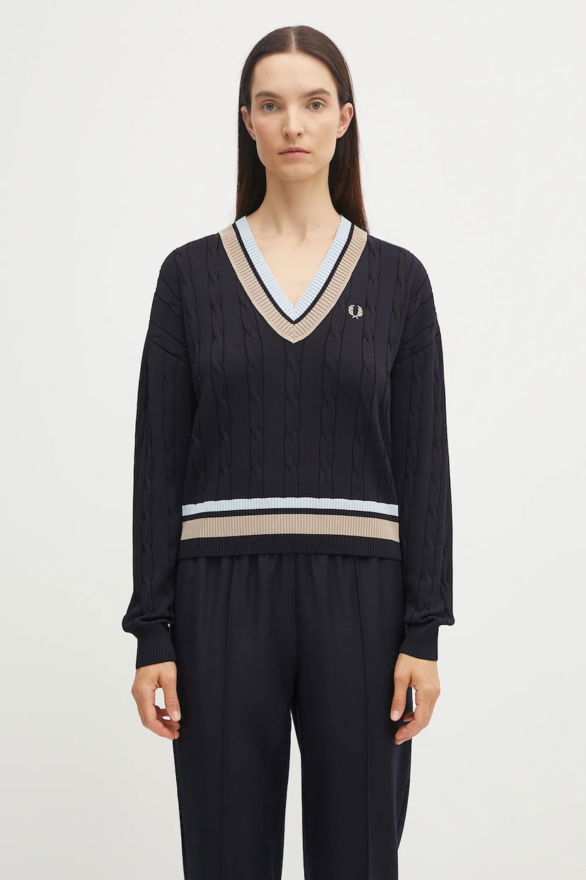Sveter Fred Perry Fred Perry Cable Knit V-Neck Sweater Navy | K1102