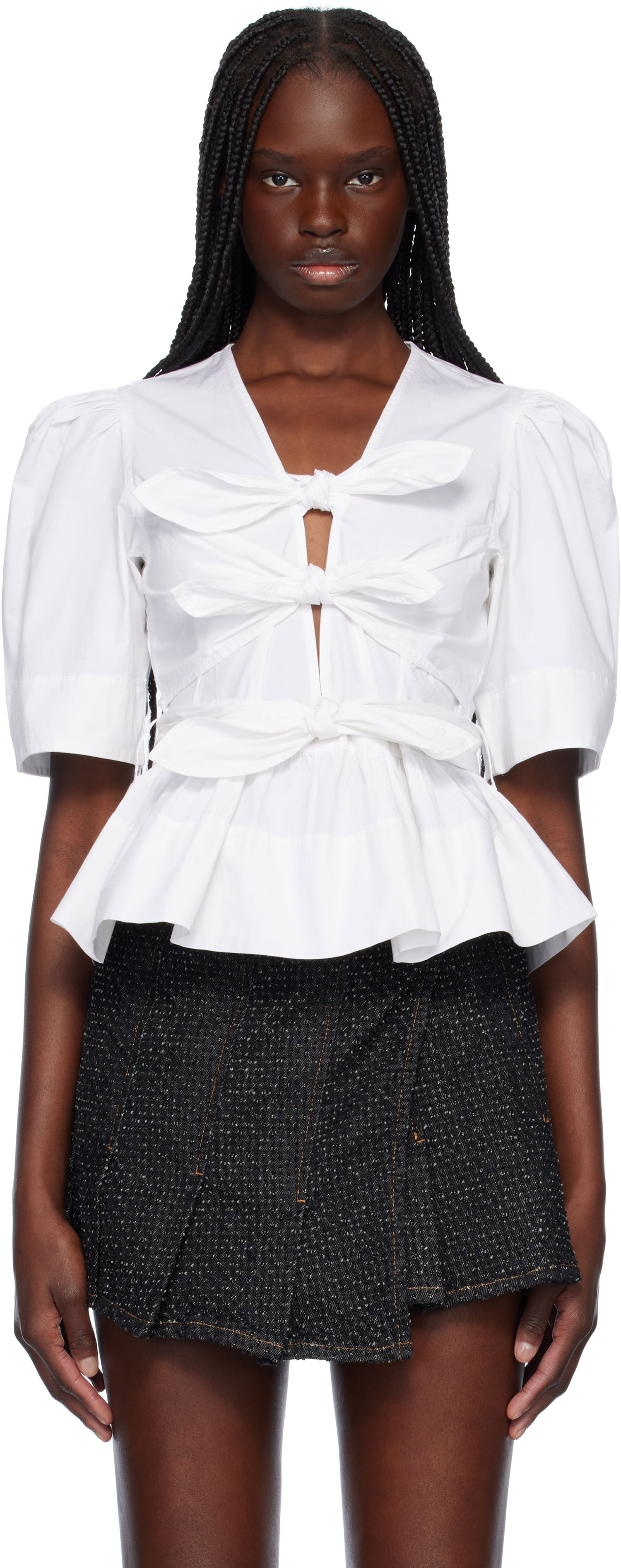 Košeľa GANNI GANNI Stretch Cotton Tie Front Peplum Blouse Biela | W0309, 0