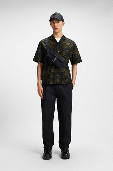 Košeľa BOSS Oversized-Fit Printed Cotton Poplin Shirt Zelené | 50545377, 1