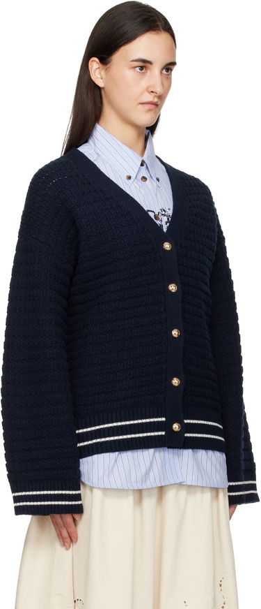 Sveter GANNI Textured Knit Wool V-Neck Cardigan with Gold-Tone Buttons and Striped Trim Navy | K2634, 1