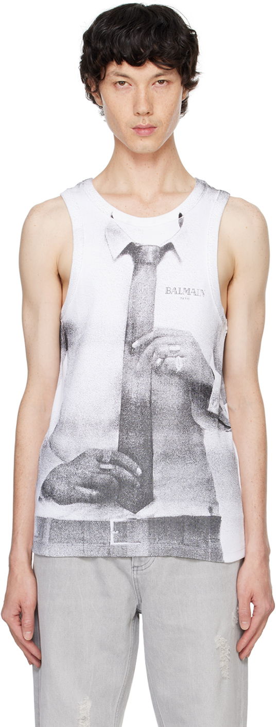 Tielko Balmain Ribbed Tie Print Tank Top Biela | DH0EB007GE08, 0