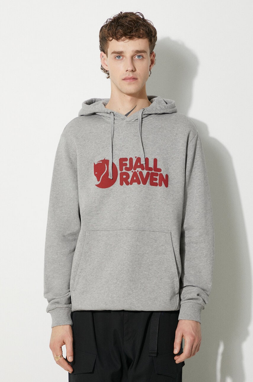 Mikina FJÄLLRÄVEN Fjallraven Logo Pullover Hoodie with Drawstring and Kangaroo Pocket Šedá | F84144, 0