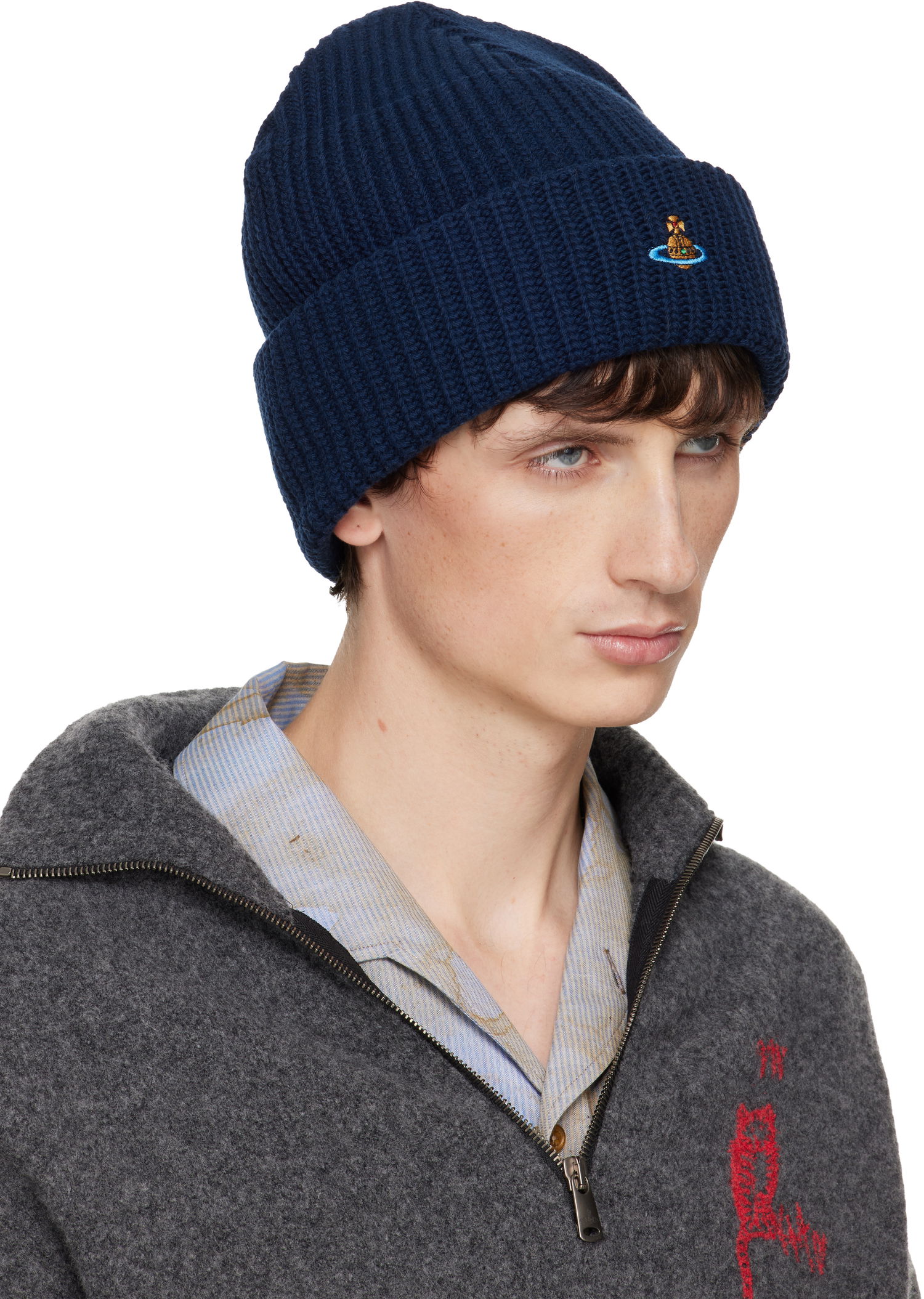 Kulicha Vivienne Westwood Vivienne Westwood Ribbed Knit Orb Logo Beanie Navy | 8102000A-K0065-, 1
