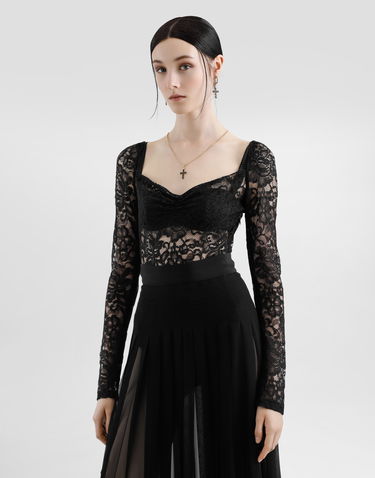 Košeľa Dolce & Gabbana Dolce & Gabbana Floral Lace Top with Sweetheart Neckline Čierna | F7AN2THLUAHN0000, 3
