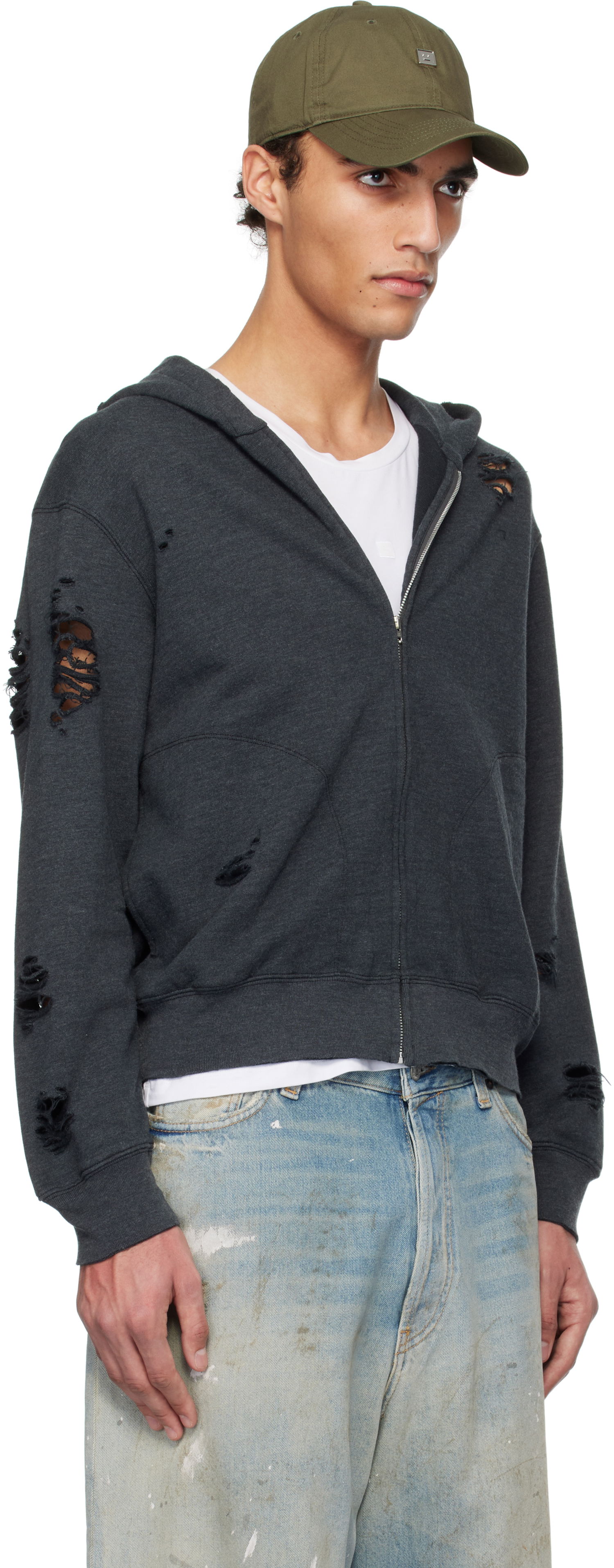 Mikina Acne Studios Acne Studios Distressed Zip-Up Hoodie Šedá | CI0183-, 1