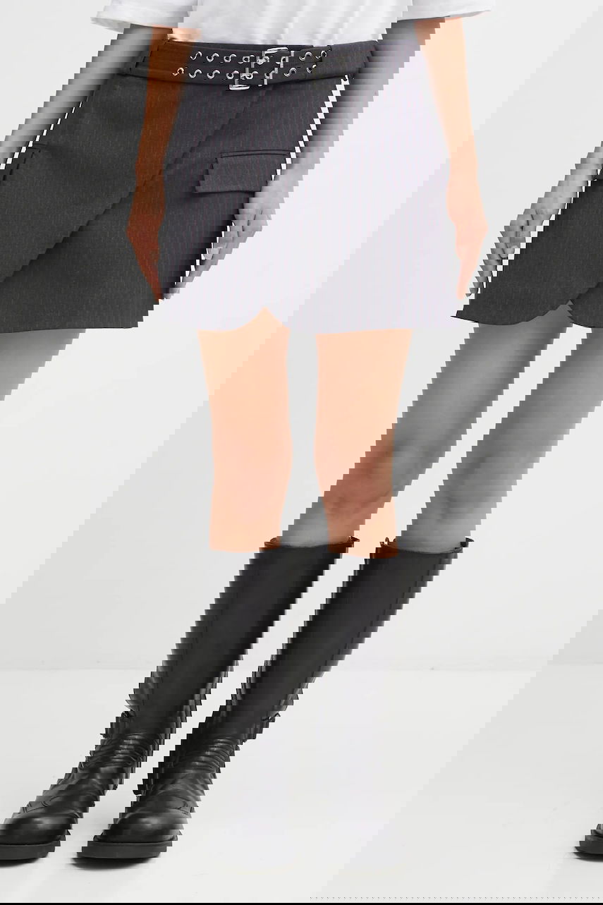 Sukňa GANNI Tailored Pinstripe Mini Skirt with Asymmetrical Hem, Grommet Belt, and Flap Pockets Šedá | W0711, 0