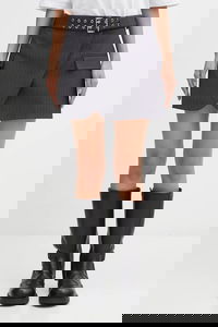 Tailored Pinstripe Mini Skirt with Asymmetrical Hem, Grommet Belt, and Flap Pockets