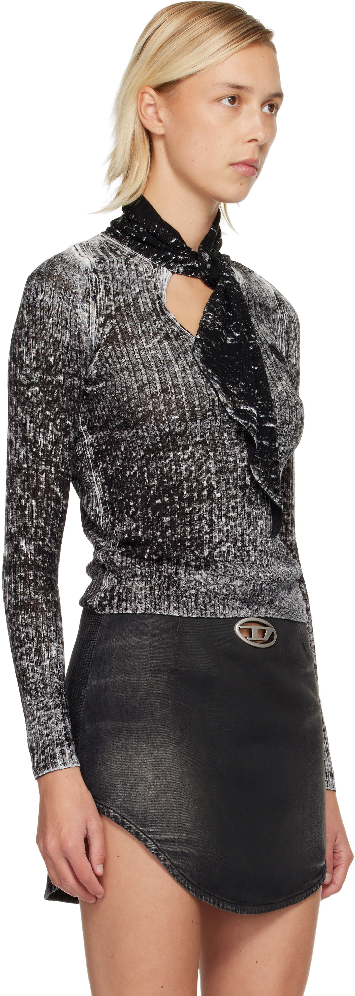 Sveter Diesel M-Elan Distressed Rib Knit Scarf-Neck Sweater Čierna | A18866 0BJBR, 1