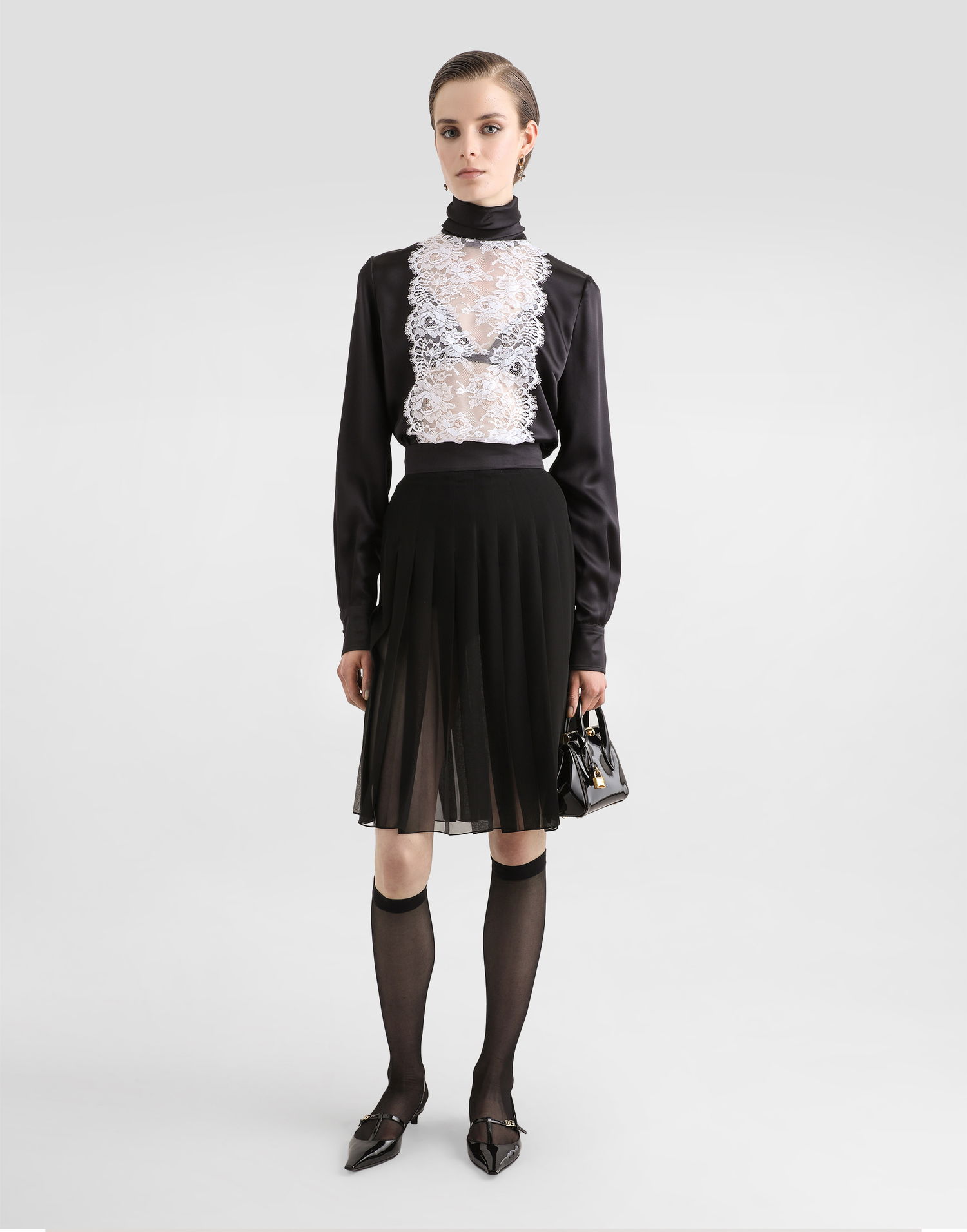 Košeľa Dolce & Gabbana Dolce & Gabbana Satin Top with Lace Panel Čierna | F7AK0TFU1AUN0000, 1